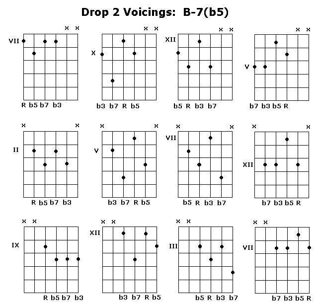 B Minor 7th (b5) - Drop 2